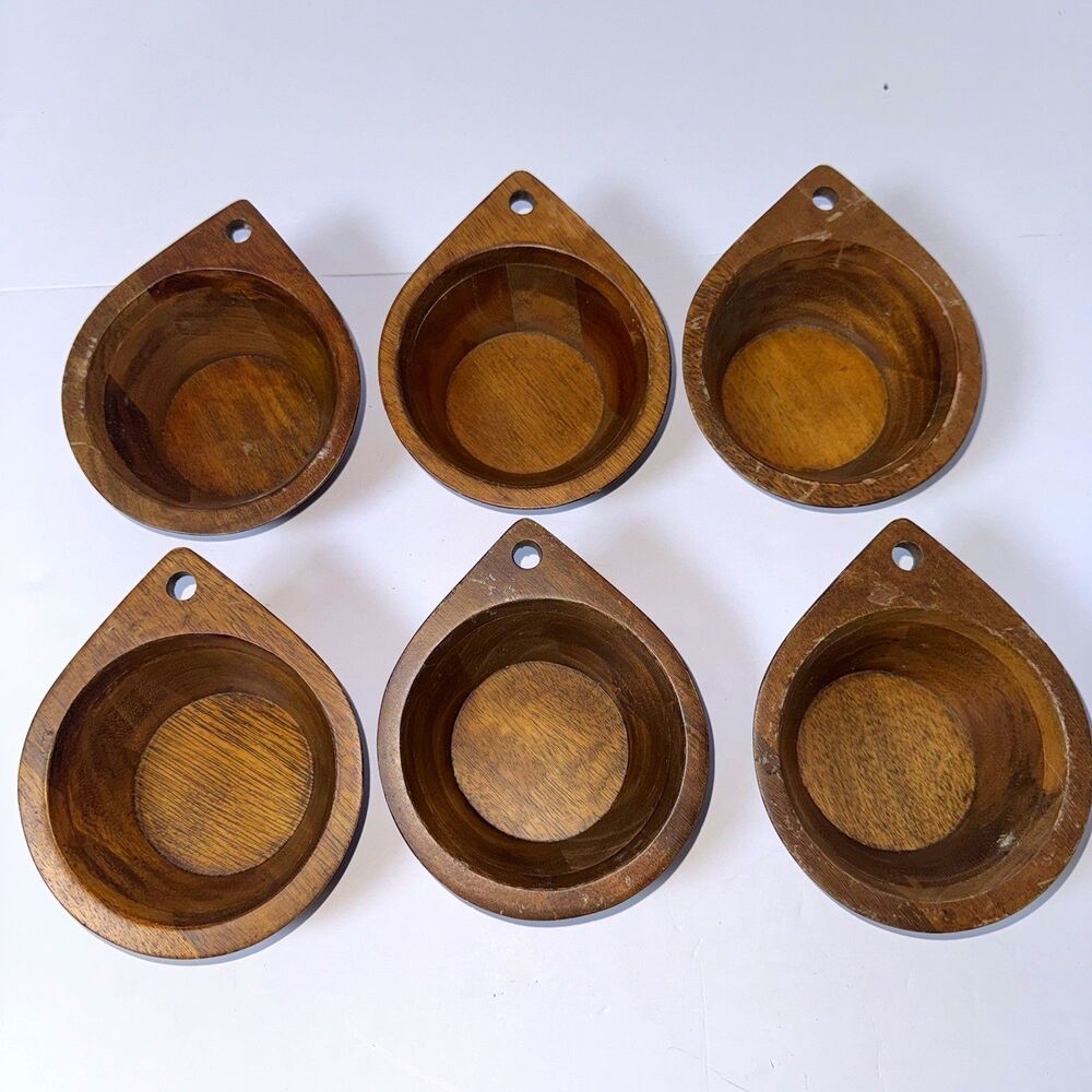 Set of 6 Vintage Teardrop Wooden Bowls Brown with Hanging Hole, Made in Thailand